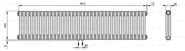 Схема (чертеж) Радиатор Zehnder Charleston 2050/35 №3470 Белый глянцевый RAL 9016